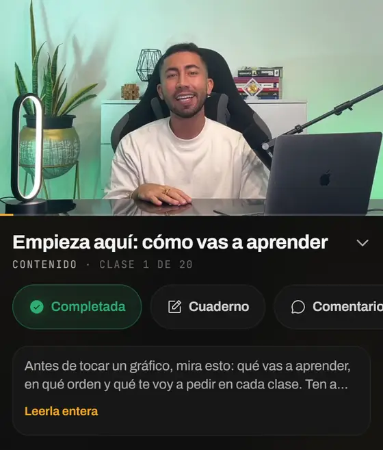 La primera clase de Trading Básico, «Empieza aquí: cómo vas a aprender», con cuaderno y comentarios