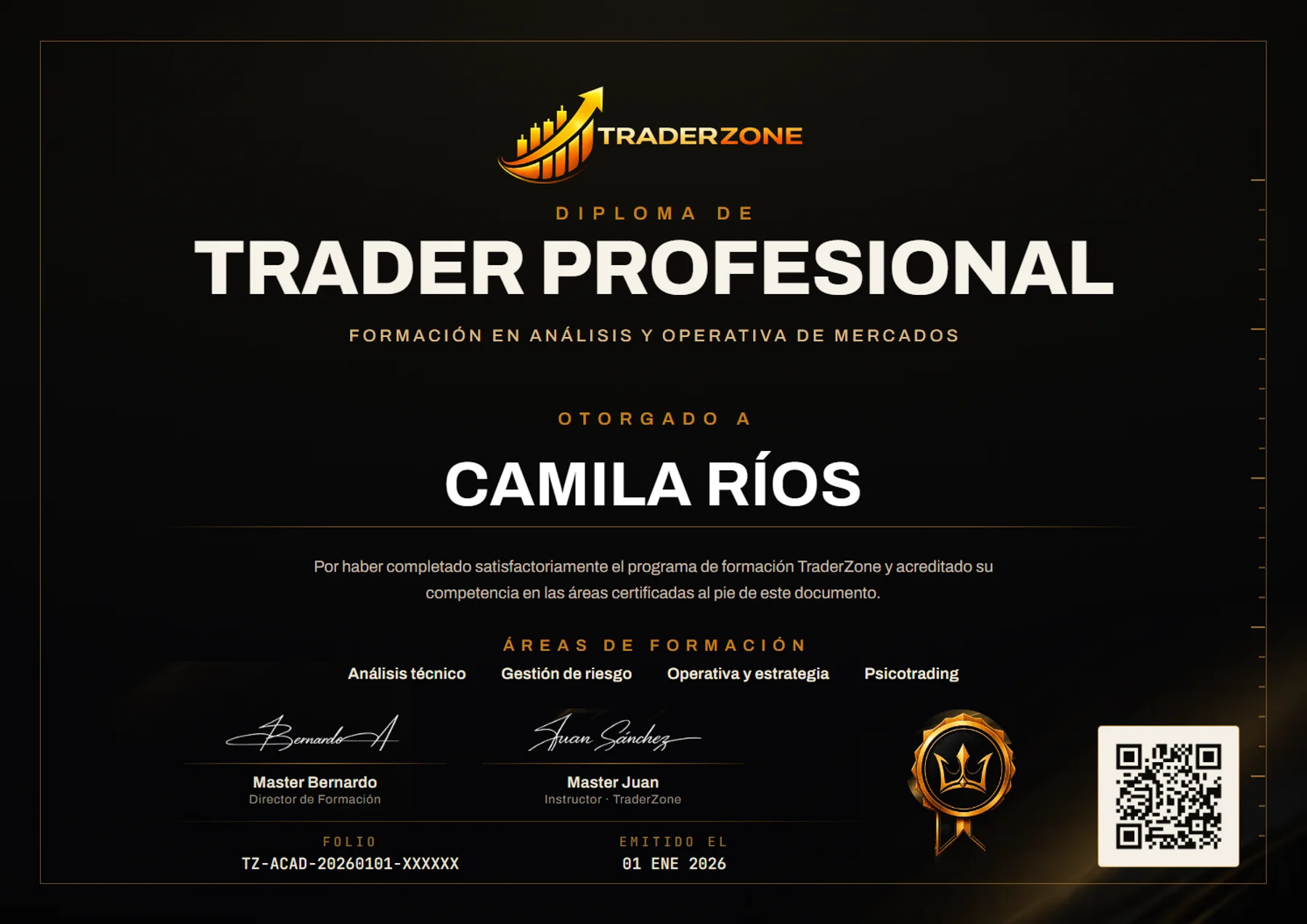 Diploma de Trader Profesional de TraderZone: título, nombre, áreas de formación, firmas, sello y código QR