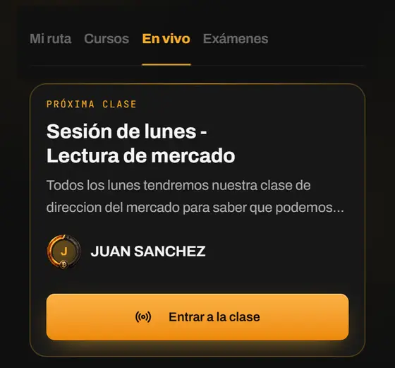 La próxima clase en vivo: título, instructor, cuenta regresiva y botón para entrar