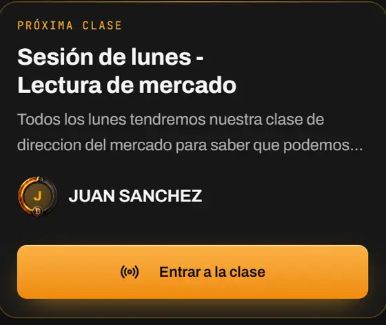 La próxima clase en vivo: título, instructor, cuenta regresiva y botón para entrar