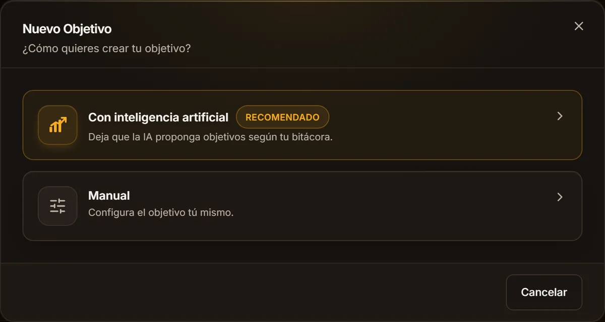 Creá una meta nueva: que la IA te proponga objetivos según tu bitácora, o configurala vos.