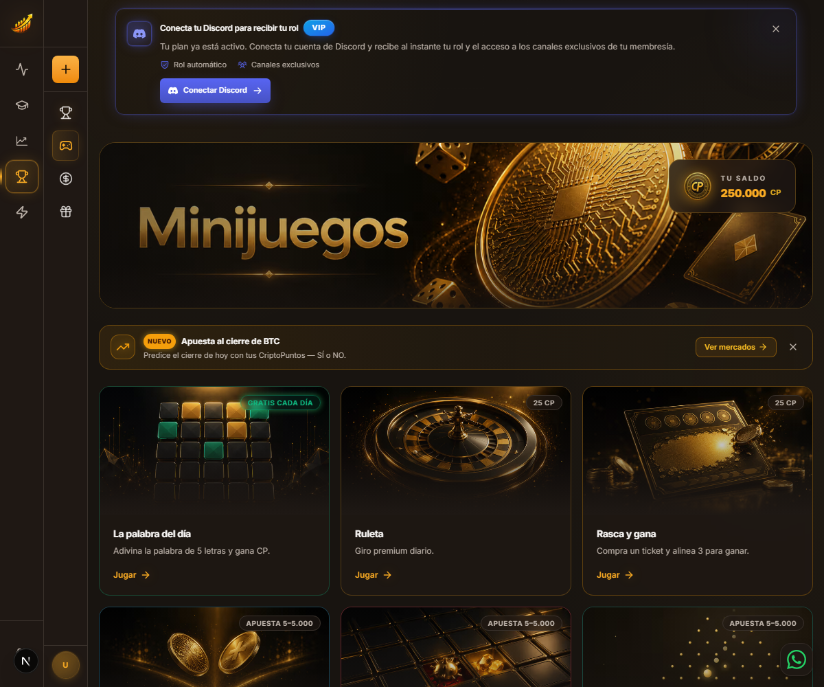 El arcade de CriptoPuntos: Plinko, El Cierre y predicciones, con apuestas desde 5 CP.